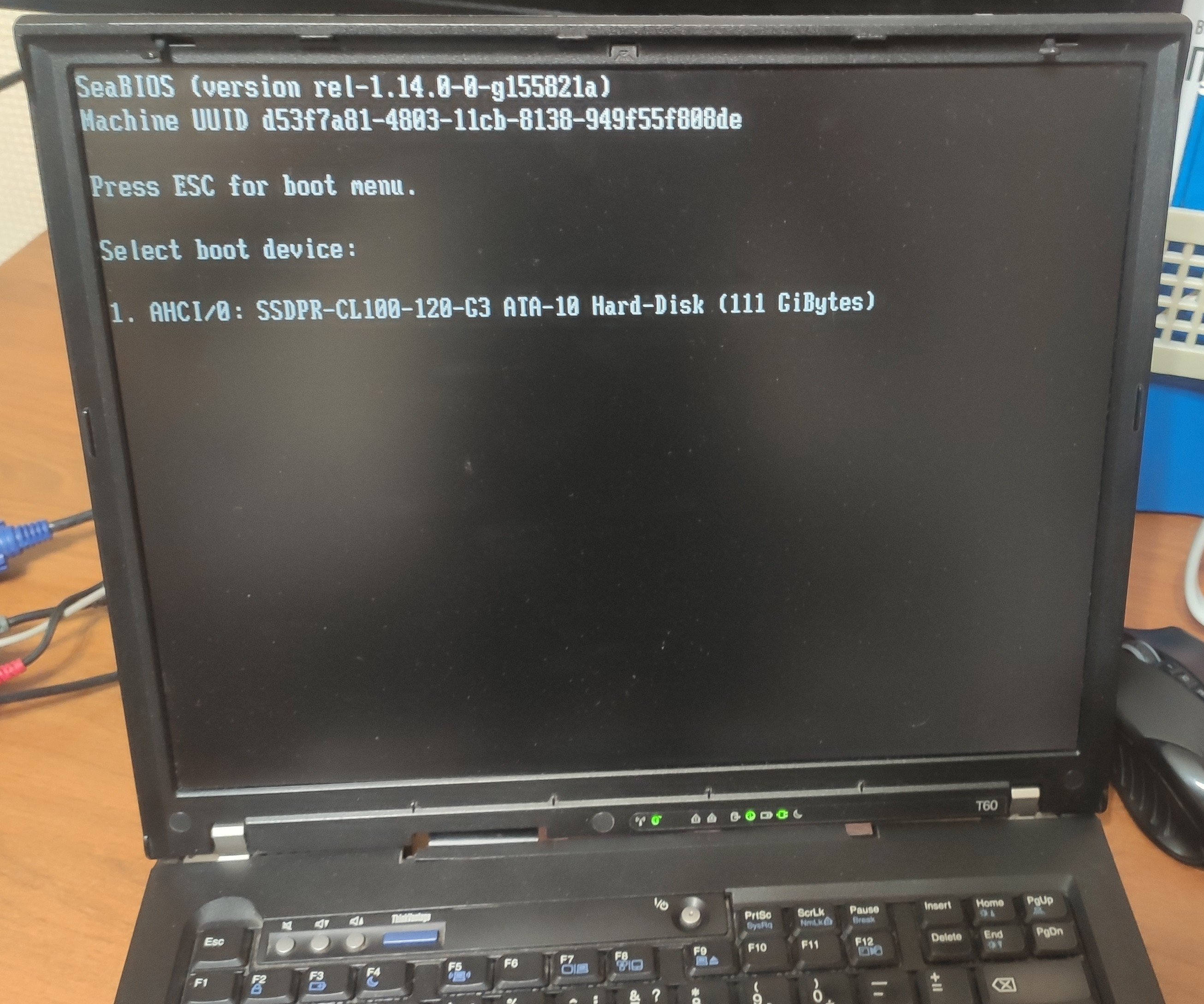 Экран выбора загрузочного диска на ThinkPad T60 с Coreboot и SeaBIOS в качестве загрузчика