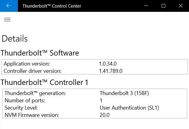Скриншот Thunderbolt Control Center. Версия 'NVM Firmware' должна быть не ниже 20. Источник: Reddit